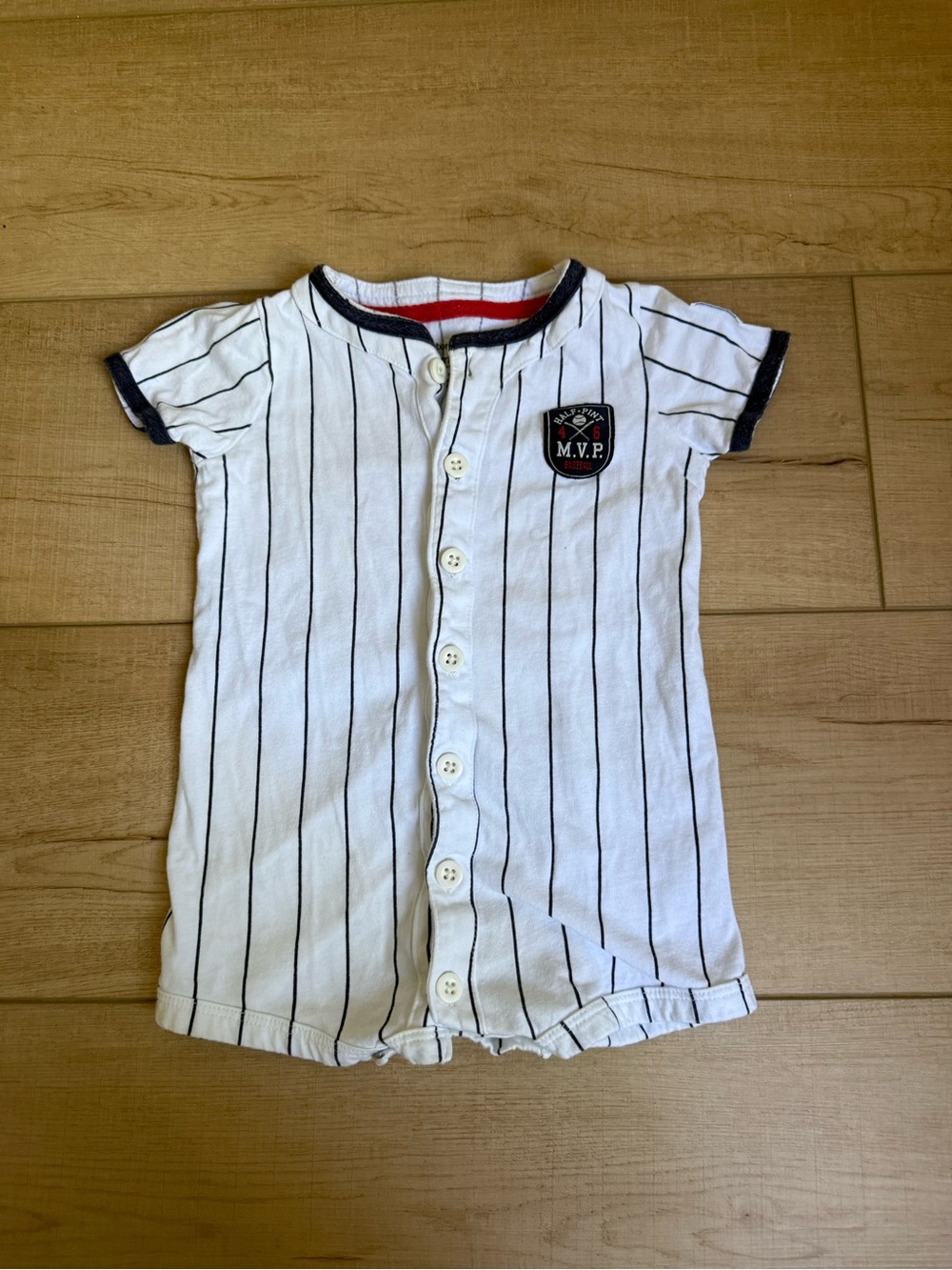 Carter's White Pinstripe Button-Front Baby Romper with Navy Trim
